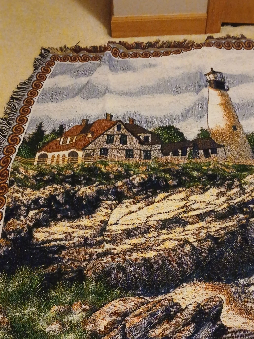 Coastal Lighthouse Woven Throw Blanket - Scenic Beach Tapestry
